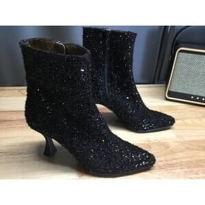 Pedro Anton Women's 6.5 Black Sequin Zipper Pointed Toe Flared Heel Ankle Boots